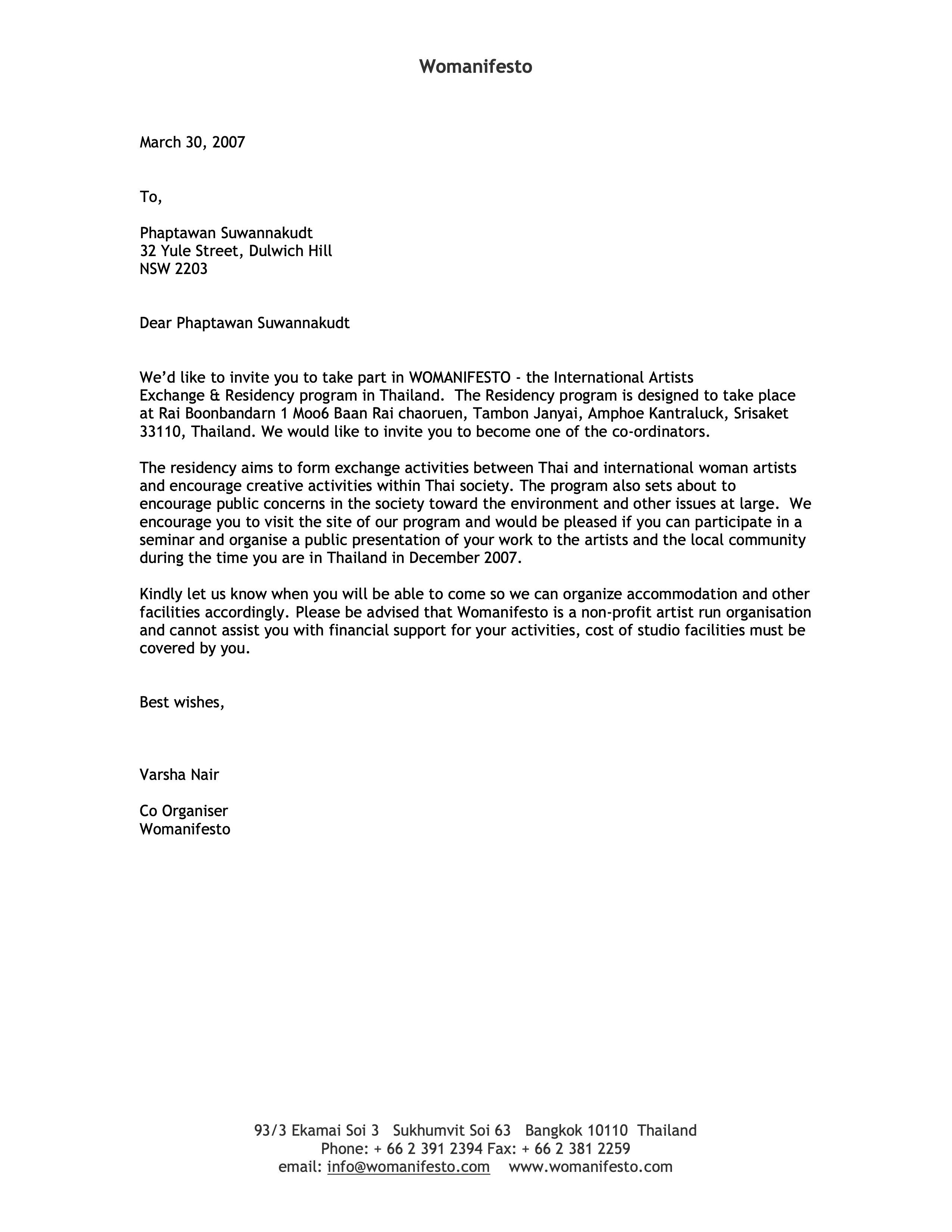 Womanifesto 2008 Residency Program Invitation Letter from Varsha Nair to Phaptawan Suwannakudt, 30 March 2007