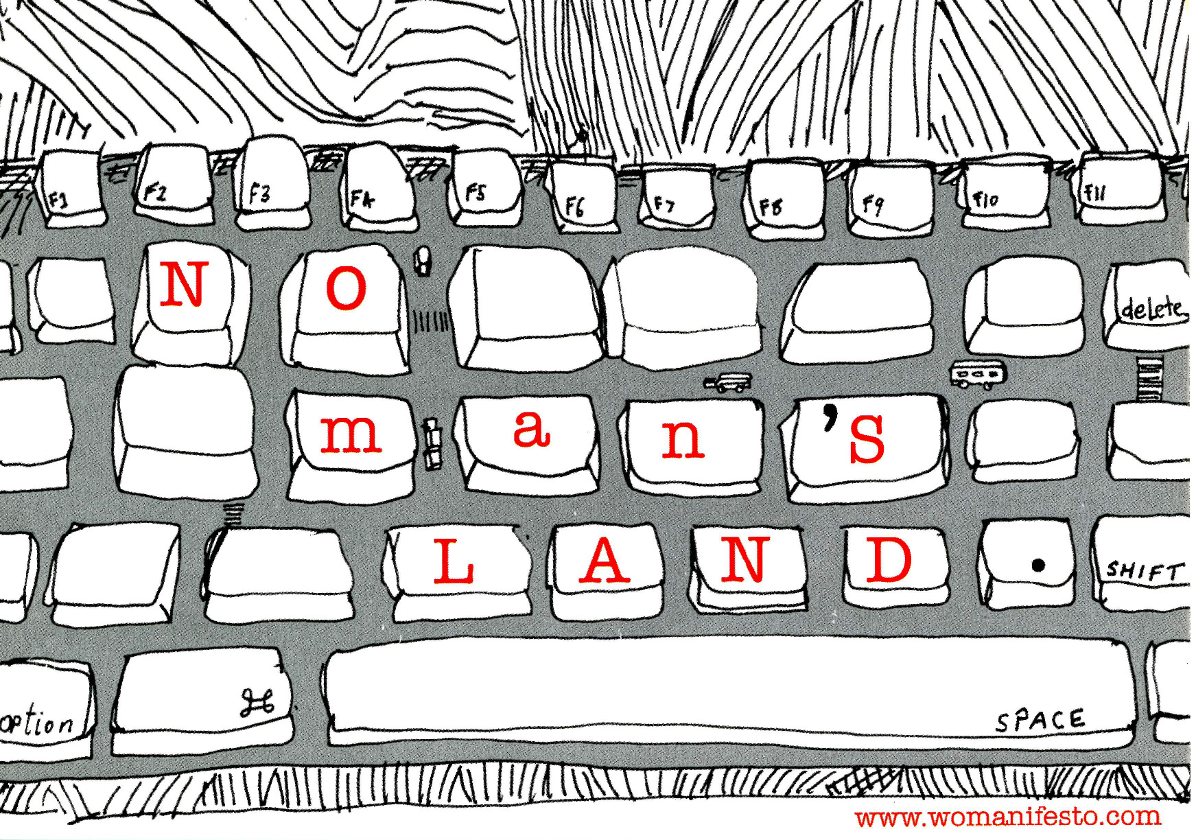 line drawing keyboard with no mans land written on the keycaps