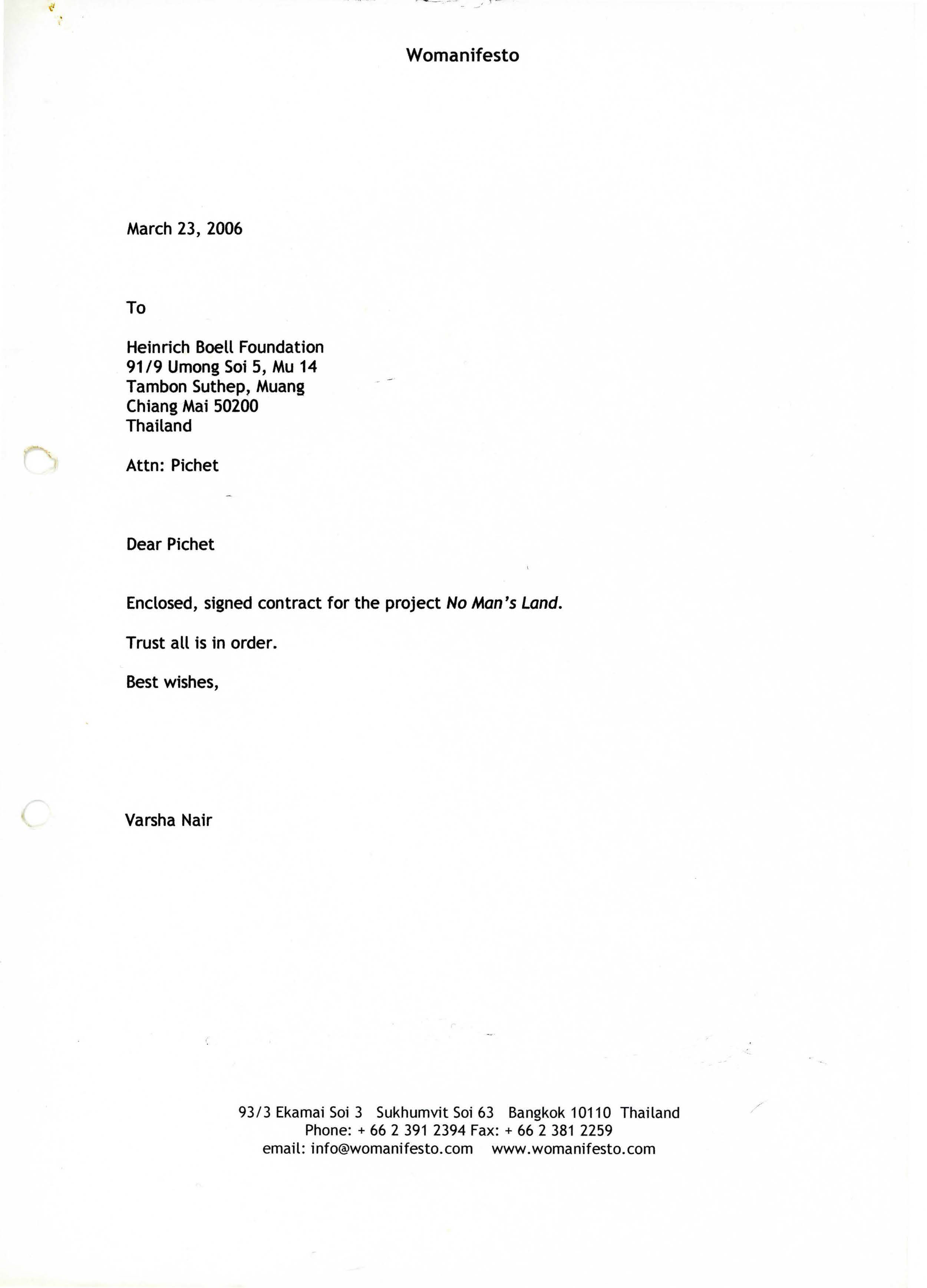 Letter from Varsha Nair to Heinrich Böll Foundation with Signed Funding Contract, 23 March 2006