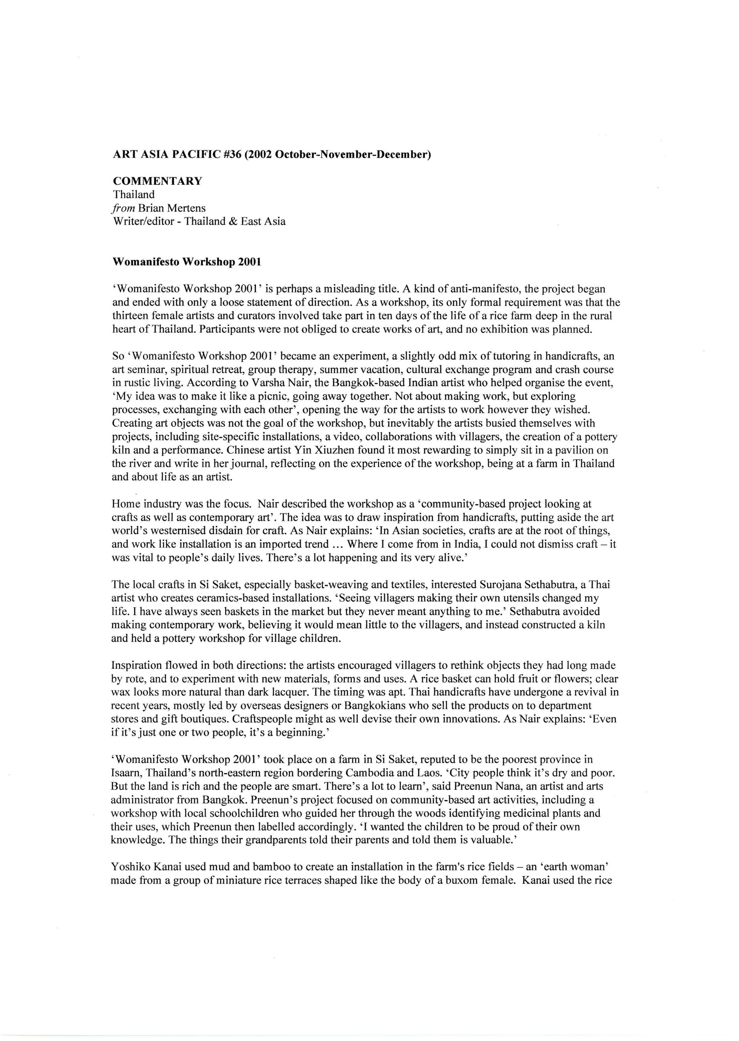 Commentary on Womanifesto Workshop 2001 Brian Mertens