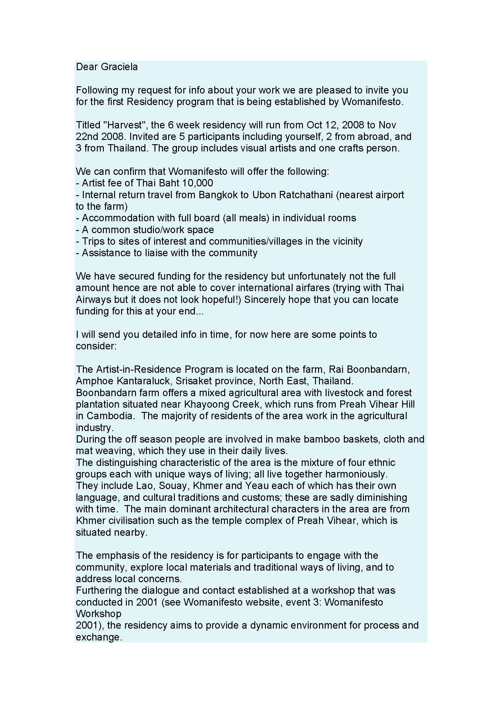 Womanifesto 2008 Residency Programme Invitation Letter from Varsha Nair to Graciela Ovejero-Postigo