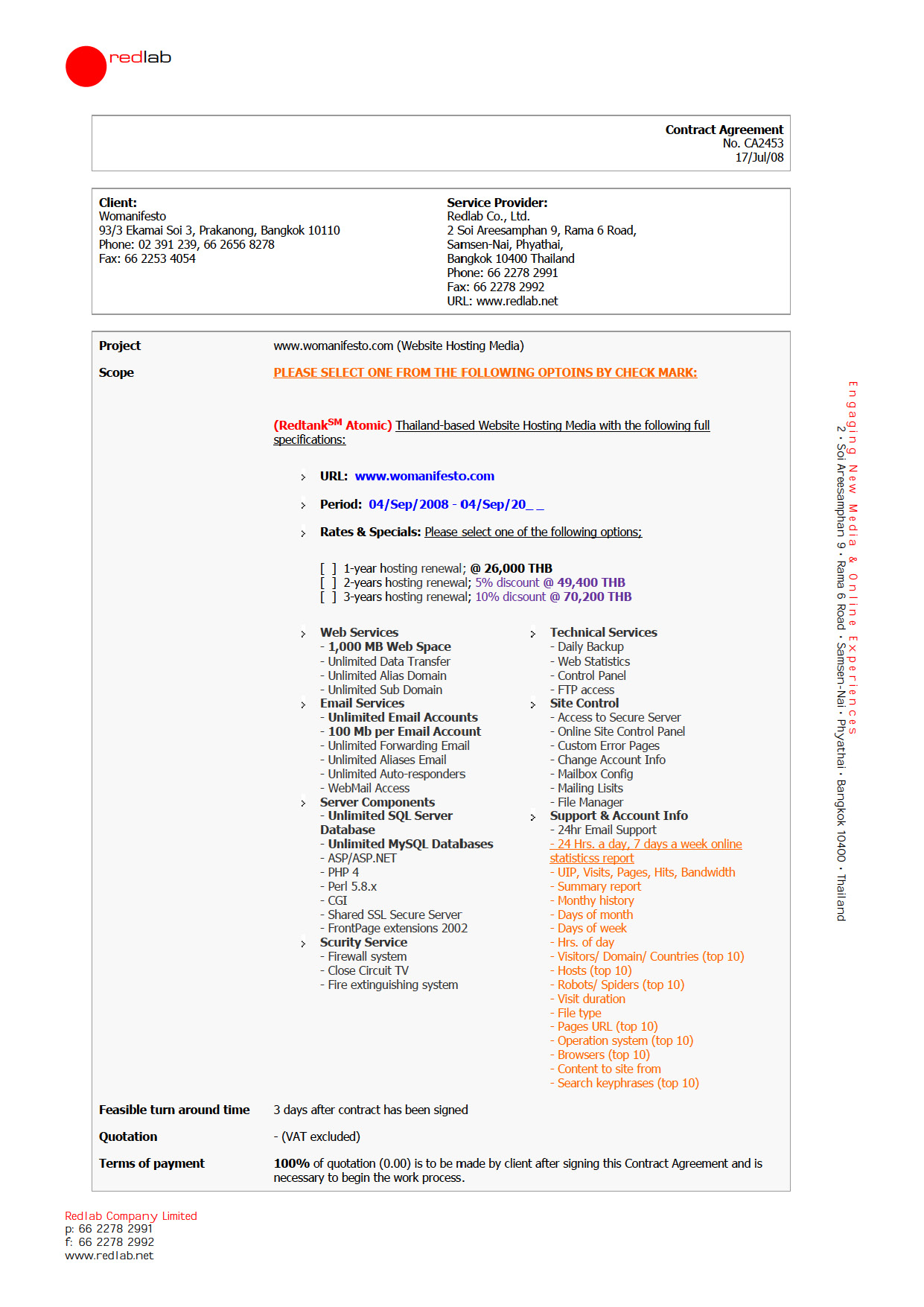 Website Hosting Contract Agreement between Womanifesto and Redlab Co., Ltd