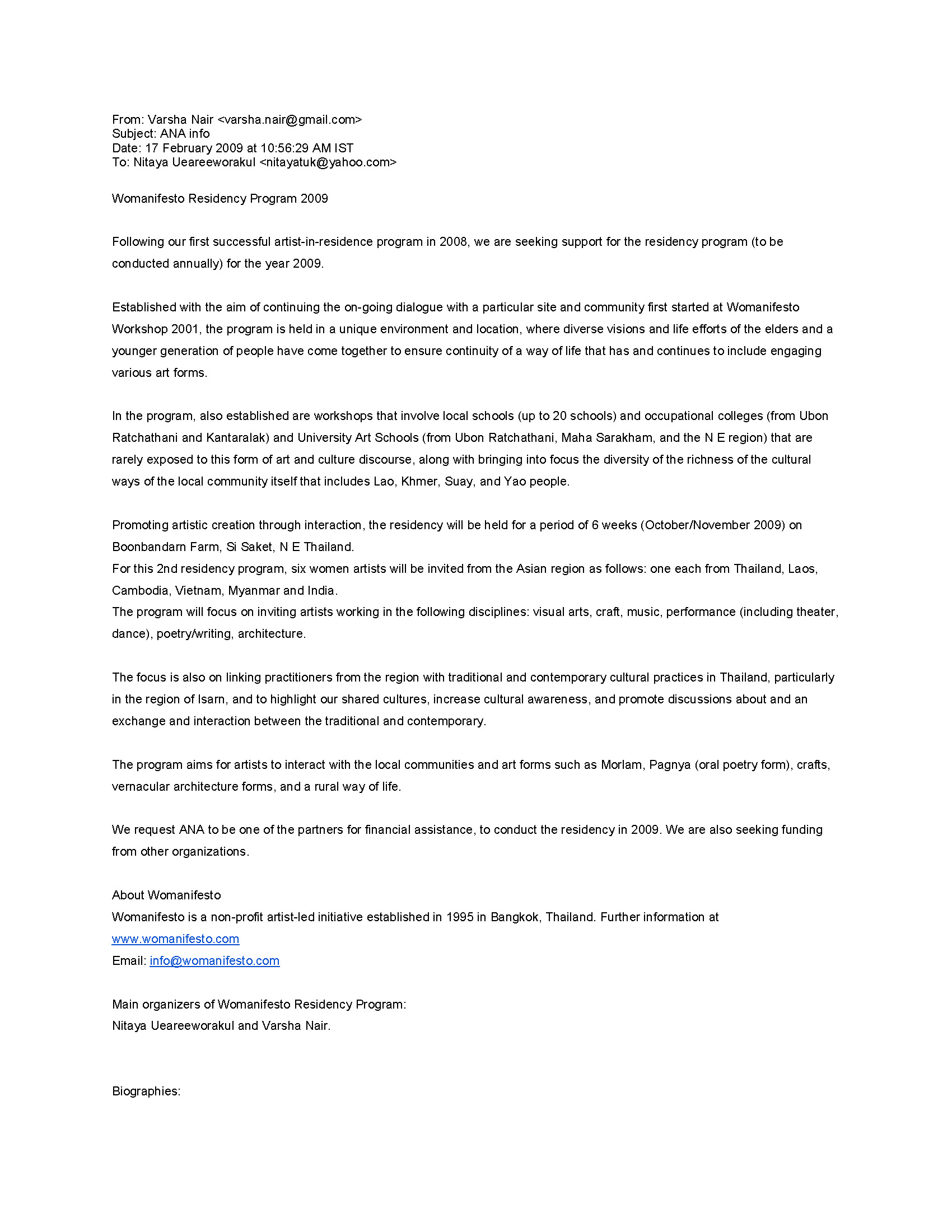 Email from Varsha Nair to Nitaya Ueareeworakul, 17 February 2009