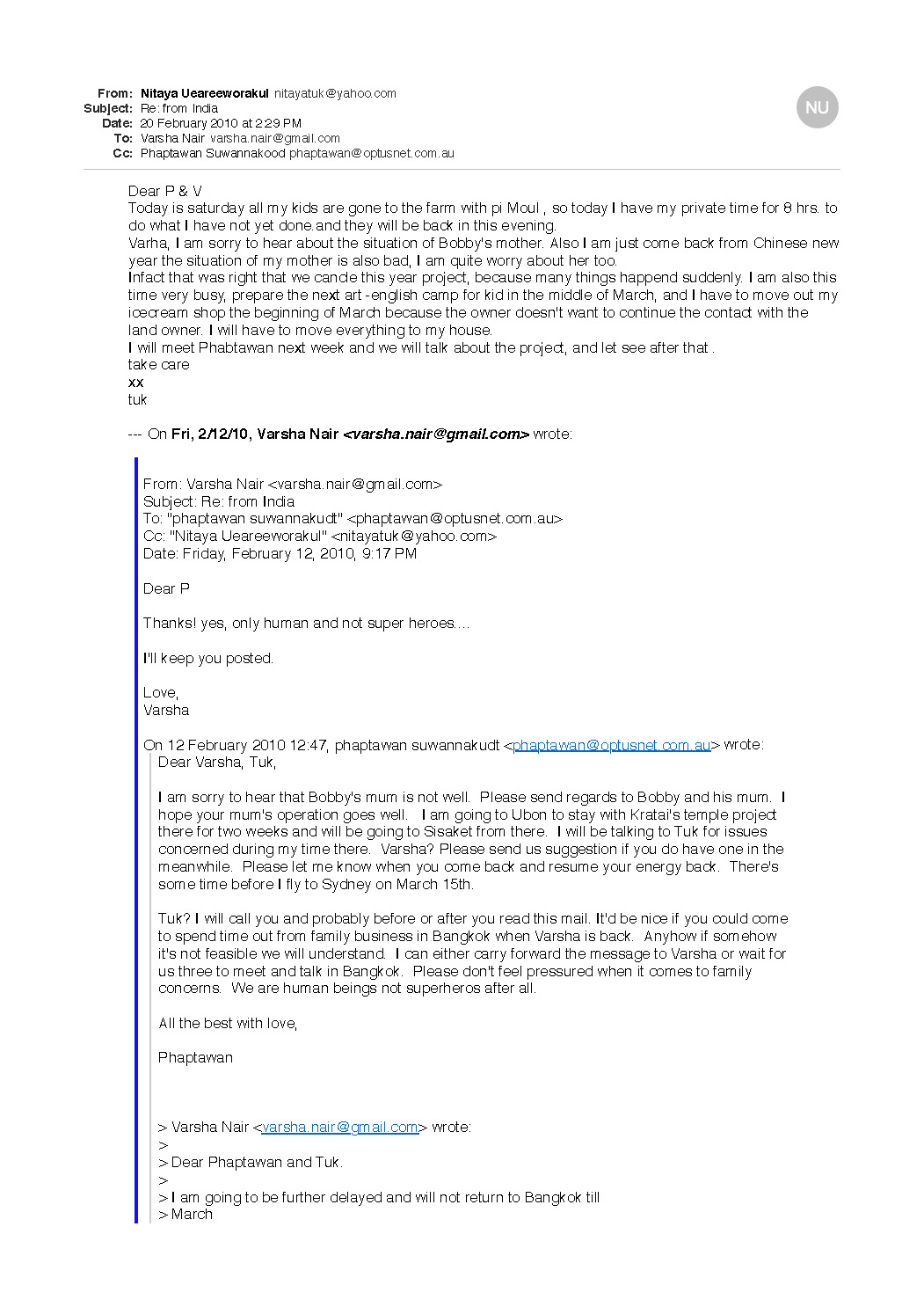 Email Correspondence between Nitaya Ueareeworakul, Varsha Nair, and Phaptawan Suwannakood, February 2010