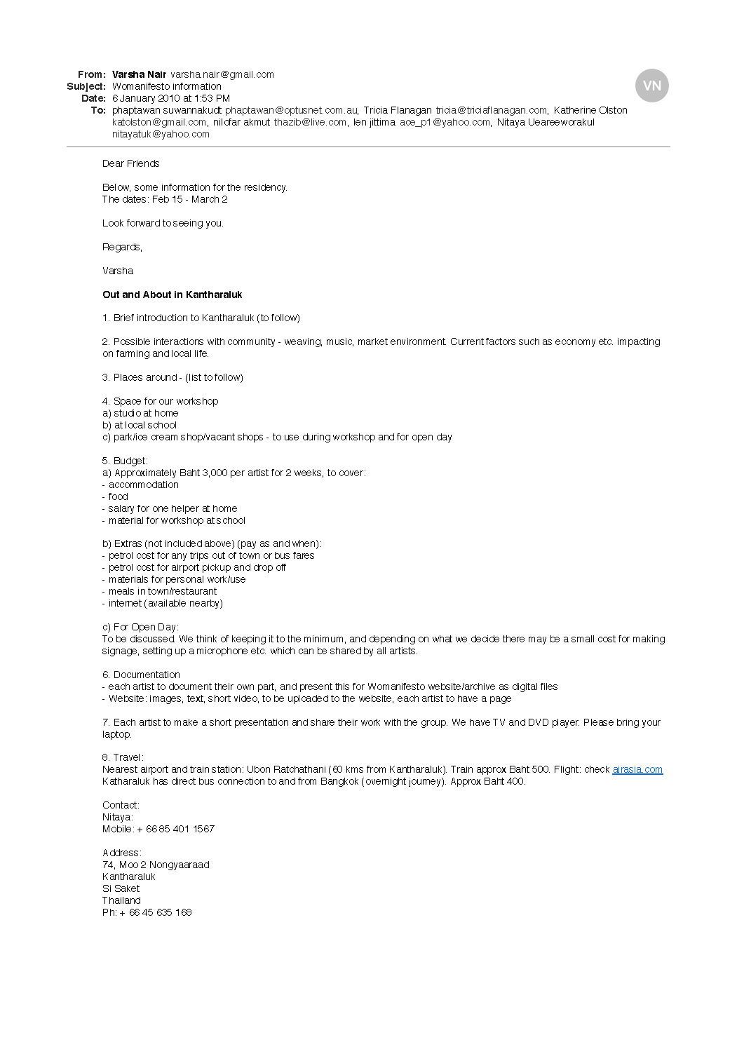 Email from Varsha Nair about Residency in Kantharaluk, 6 January 2010