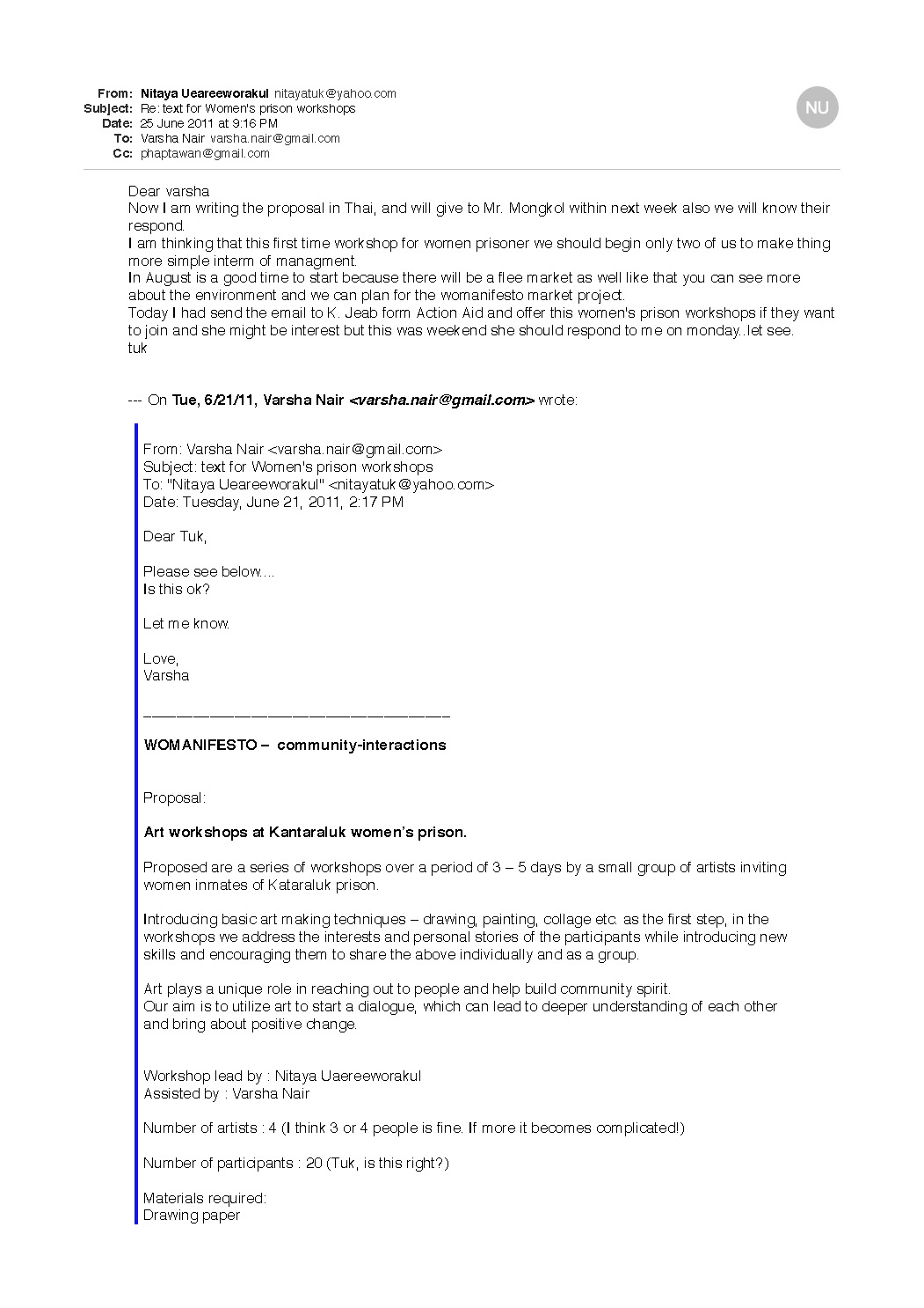 Email Correspondence between Varsha Nair and Nitaya Ueareeworakul, June – July 2011