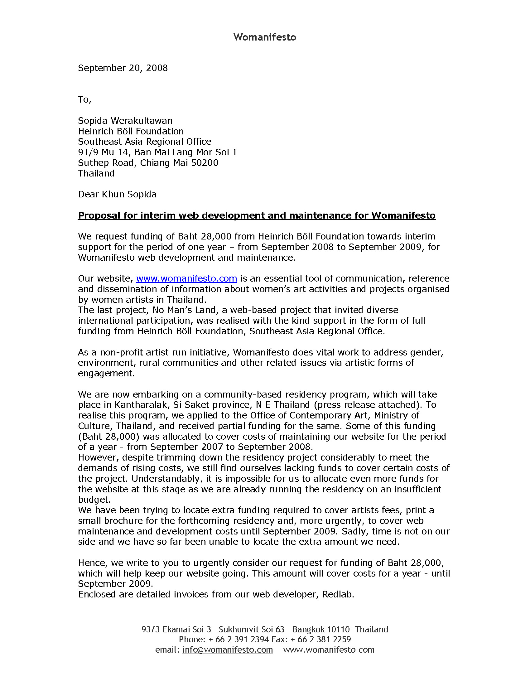 Letter from Varsha Nair to Sopida Weerakultawan, Heinrich Böll Foundation, 20 September 2008