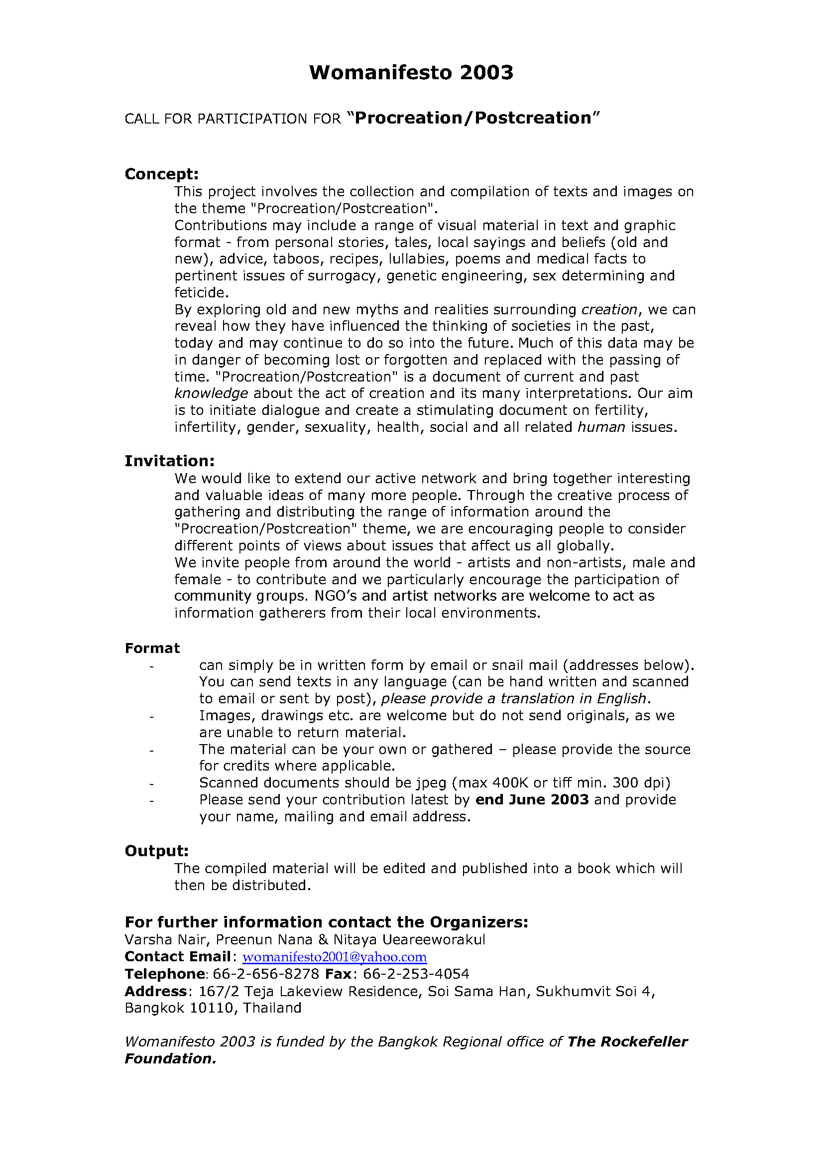 Womanifesto 2003: Call for Participation for 'Procreation/Postcreation'