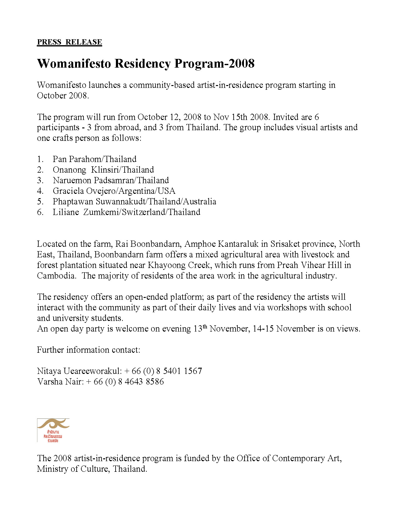 Womanifesto 2008 Residency Programme Press Release