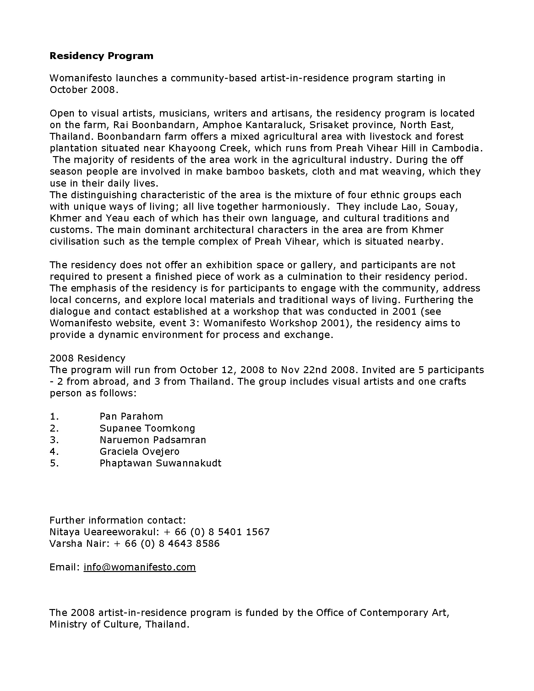 Womanifesto 2008 Residency Programme Press Release (Draft)