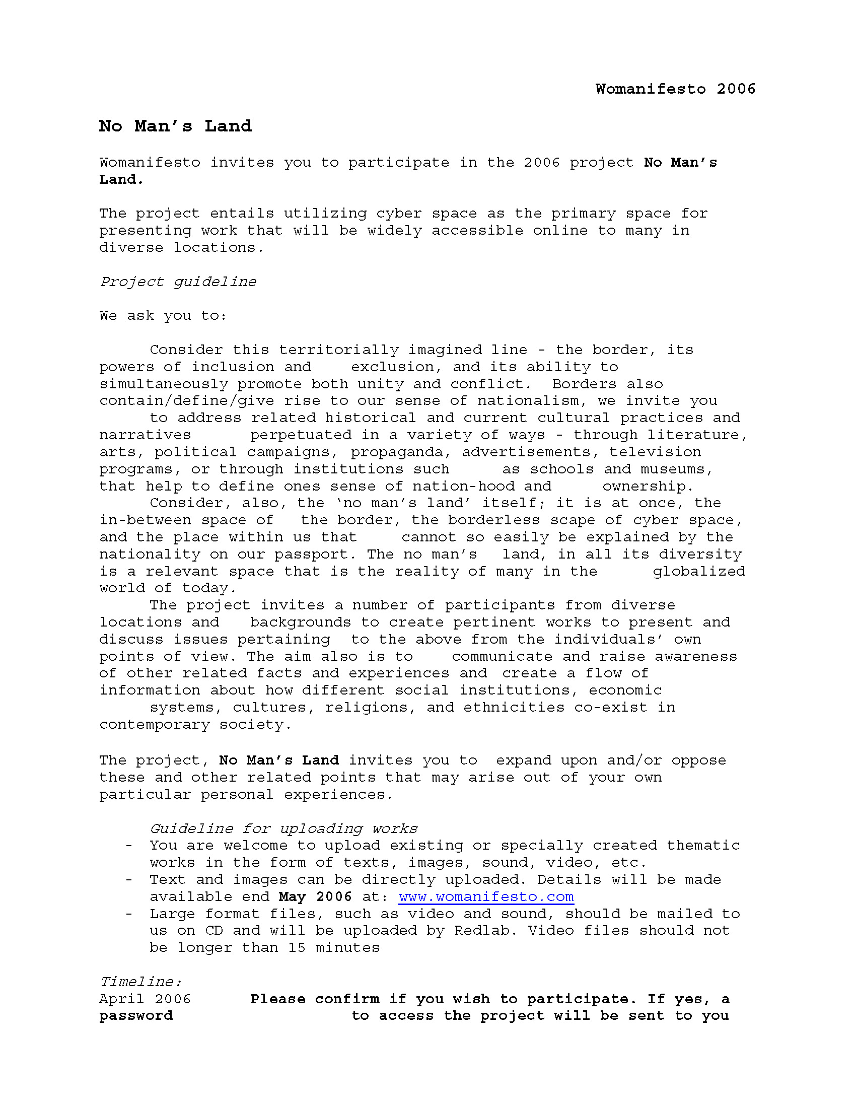 Womanifesto 2006: No Man's Land — Open Call for Participants