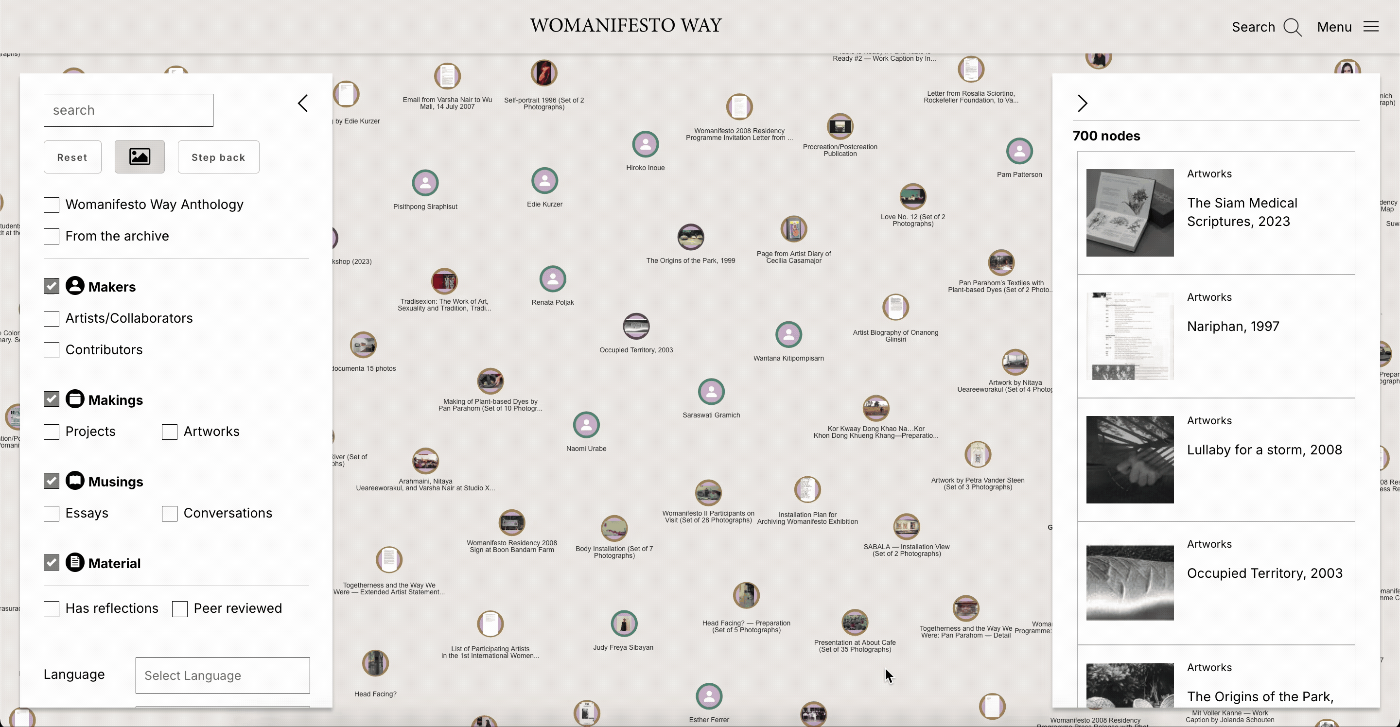Gif of screen recording of Womanifesto Way node graph selection, showing anthology content.