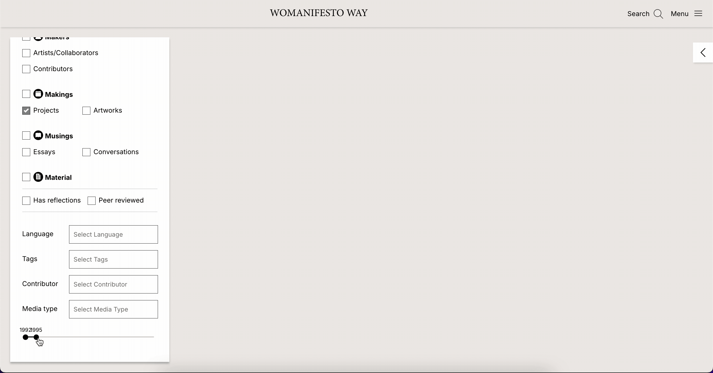 Screen recording of Womanifesto node graph, selection by project over time.