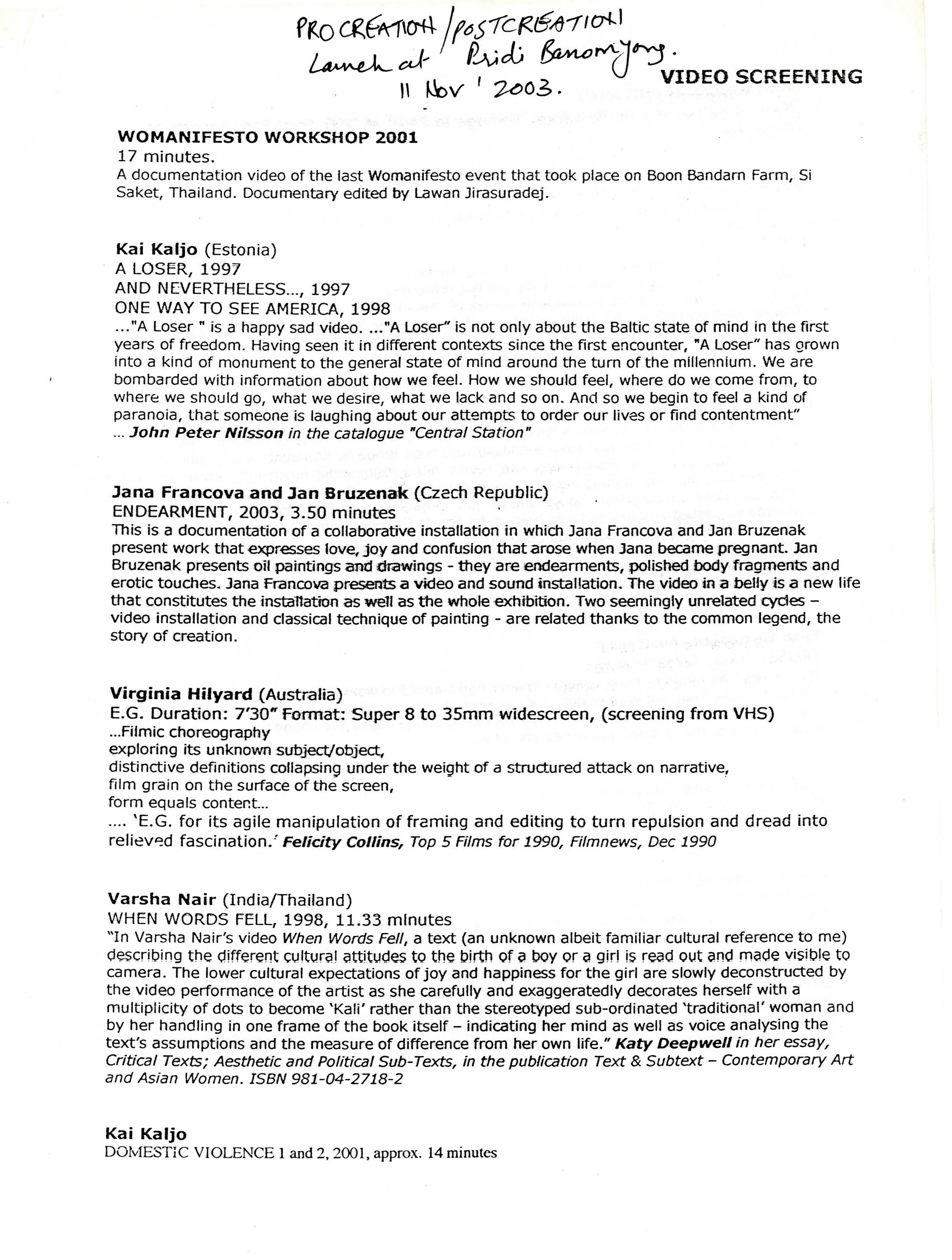 Procreation/Postcreation Video Screening — Programme