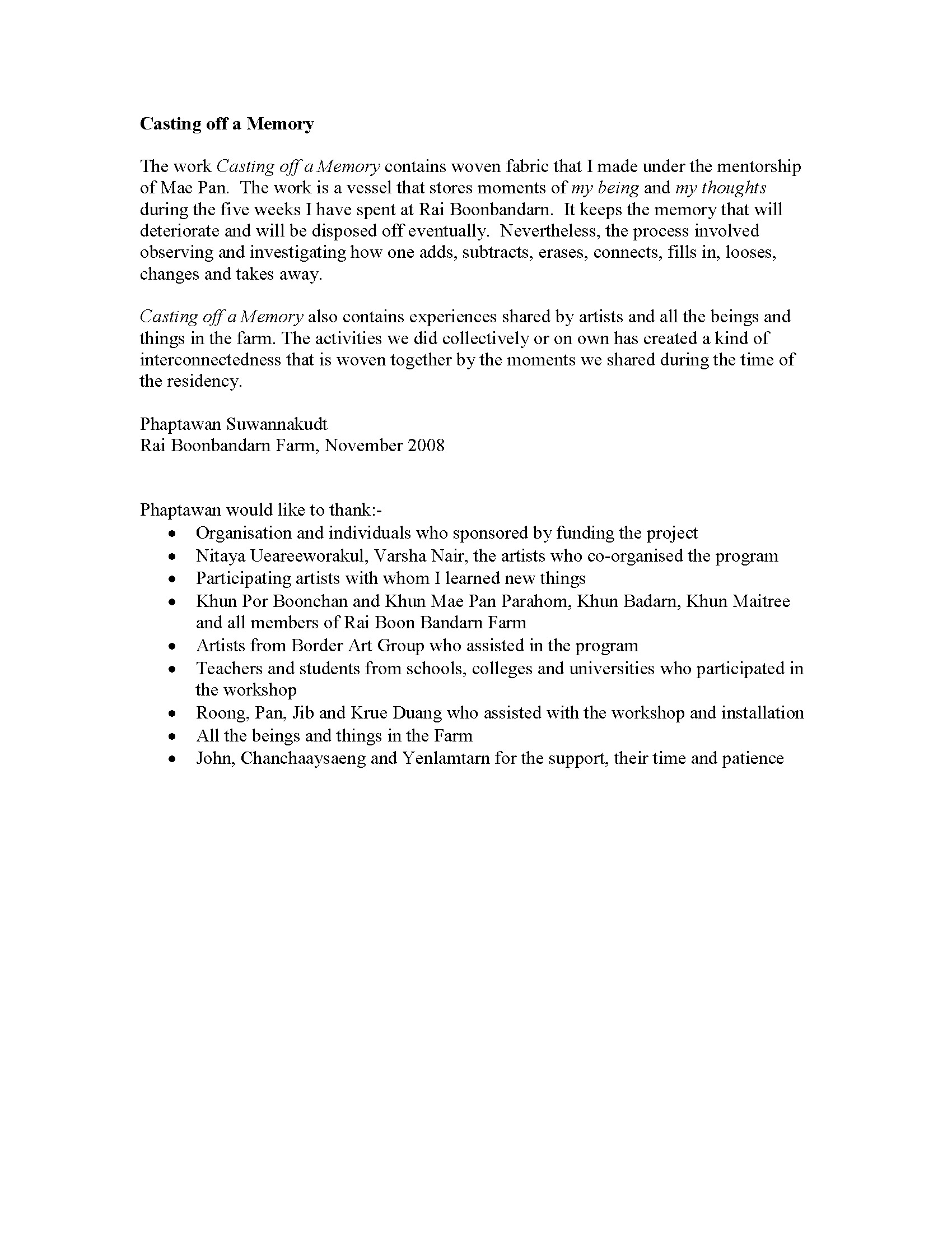 Casting off a Memory — Work Description and Artist Statement by Phaptawan Suwannakudt